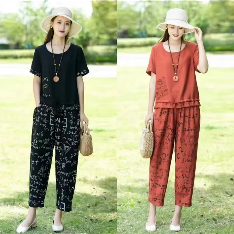 夏季衣服时尚中年妈妈运动套装女 洋气短袖裤子休闲T恤棉麻上衣潮