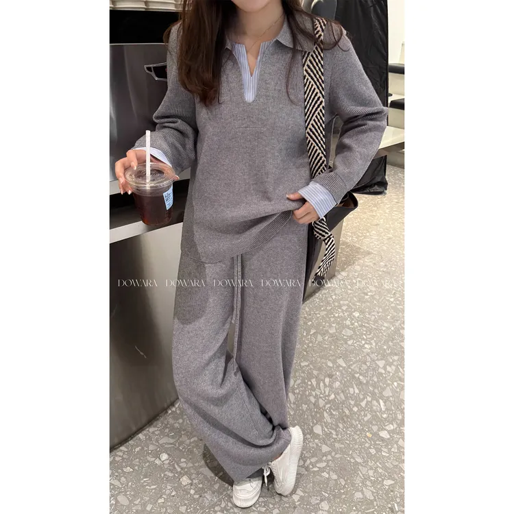大婉酱微胖定制【慵懒克洛伊】韩系拼接假两件针织衫裤子套装 2822D