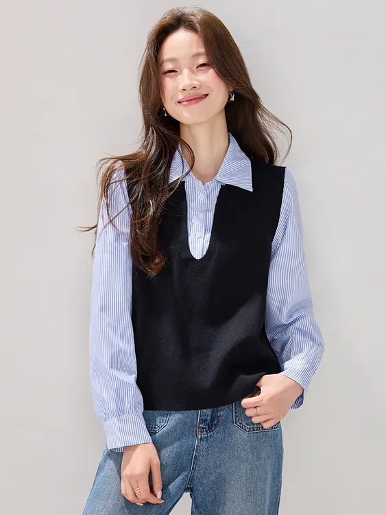通勤干练 条纹控衬衫女拼接U型领马甲 时尚港味复古百搭简约上衣