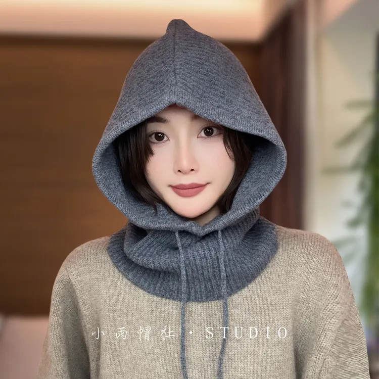 小雨帽社巴拉克拉法帽针织毛线帽女秋冬2025新款连帽围脖一体帽子