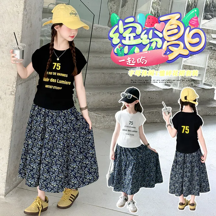 女童韩版套装夏季新款中大童短袖t恤半身裙两件套儿童长裙5-18岁