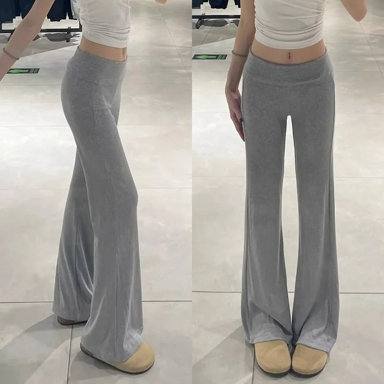 翻腰灰色针织喇叭裤女夏季薄款修身弹力显瘦微喇阔腿裤休闲瑜伽裤