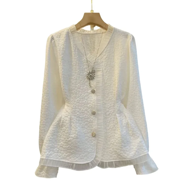 长袖衬衫春秋女款2025年新款别致漂亮小衫收腰气质v领法式上衣女