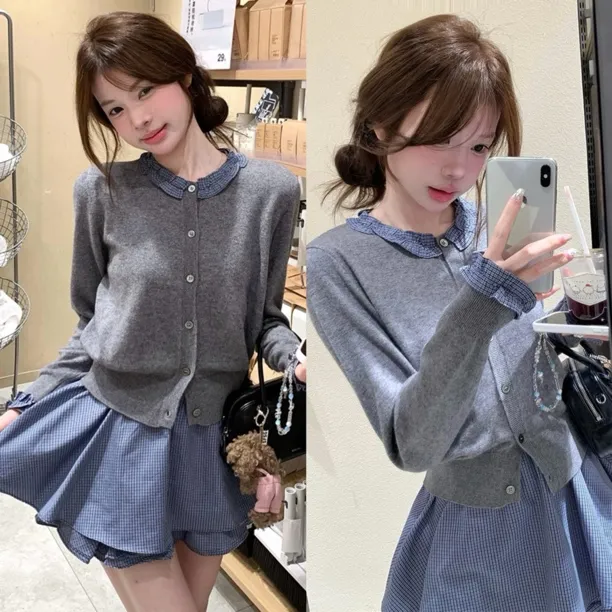 miu系韩系经典百搭针织开衫+格纹半身裙裤套装秋季新款女A1523