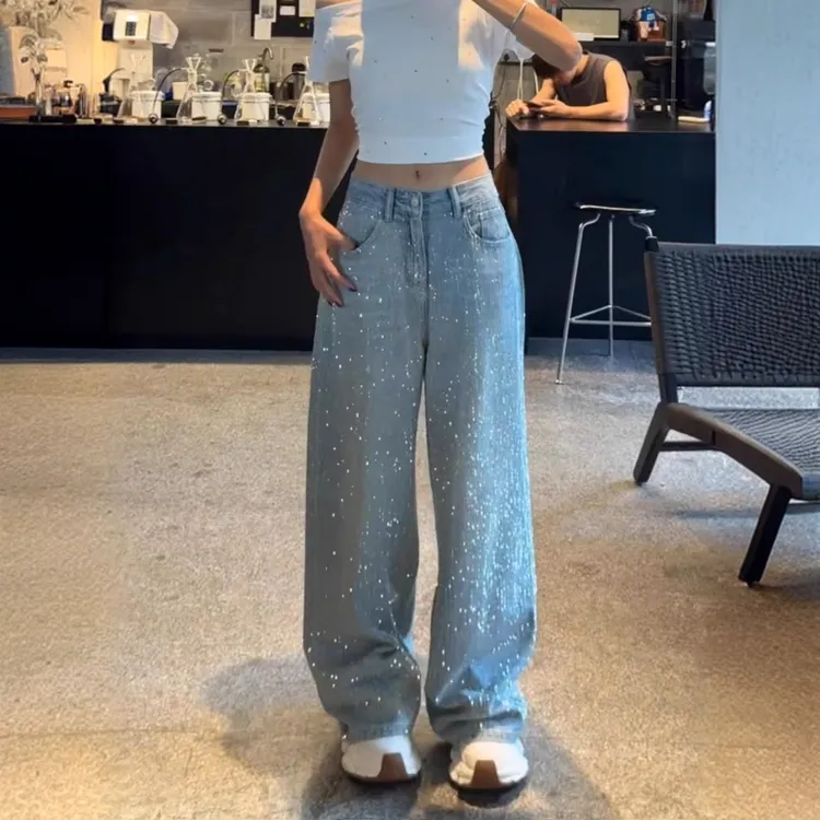 满天星烫钻阔腿牛仔裤女2025夏季薄款高腰宽松显瘦垂感直筒牛仔裤