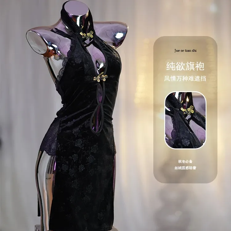 暗夜玫瑰禁欲系睡裙中式高开叉旗袍睡衣蕾丝修身连衣裙古典旗袍