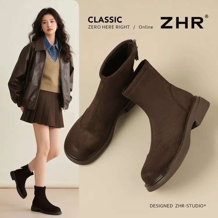 ZHR粗跟弹力靴女2025冬季百搭舒适瘦瘦靴保暖英伦风勃肯加绒短靴