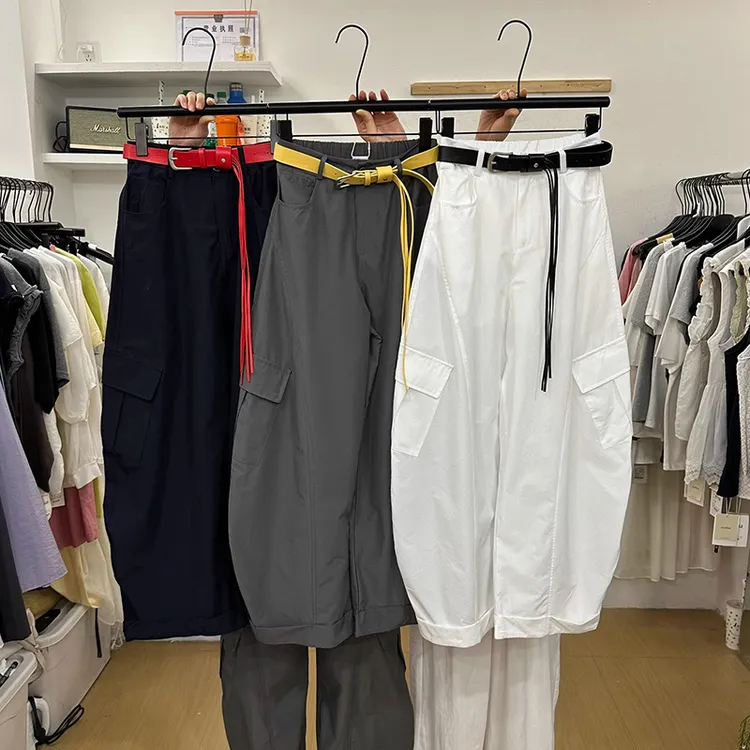 韩系双口袋休闲工装阔腿裤女2025夏季新款酷飒辣妹百搭显瘦弯刀裤