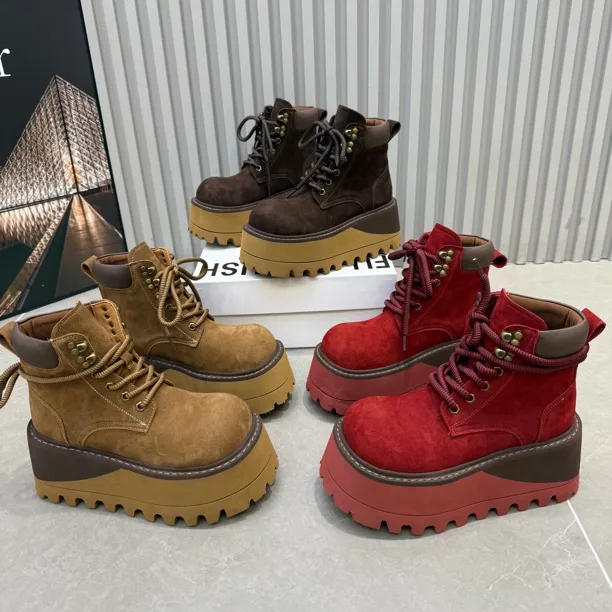富0199-1新款厚底拼色圆头秋冬加绒马丁靴厚8公分舒适增高