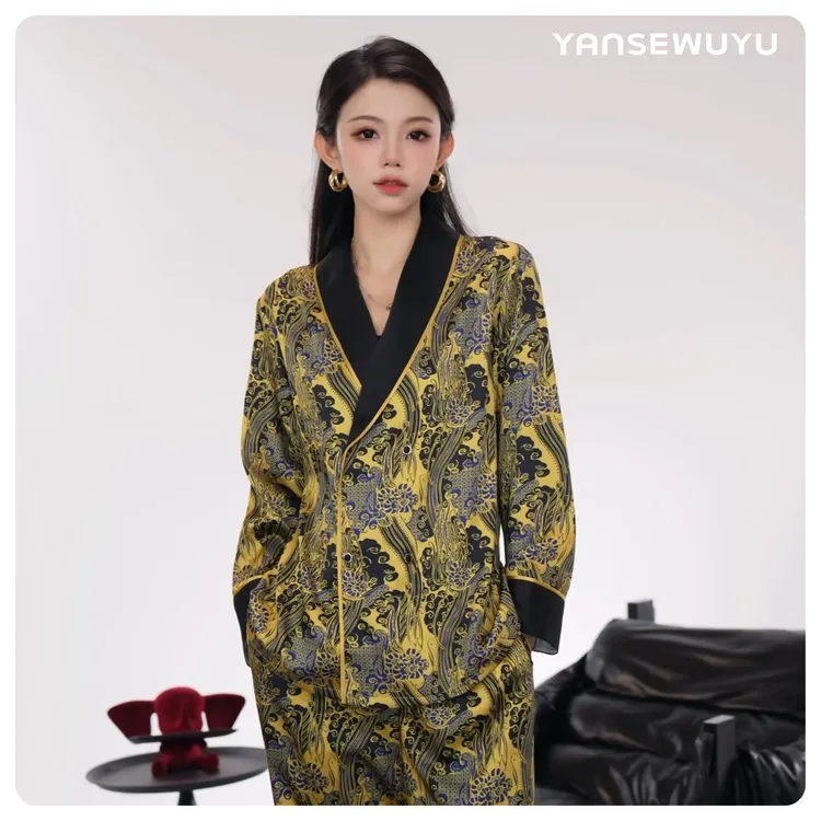 妍色物语【鎏金云纹】轻奢鎏金云纹爆款家居服丝织睡衣女套装长袖