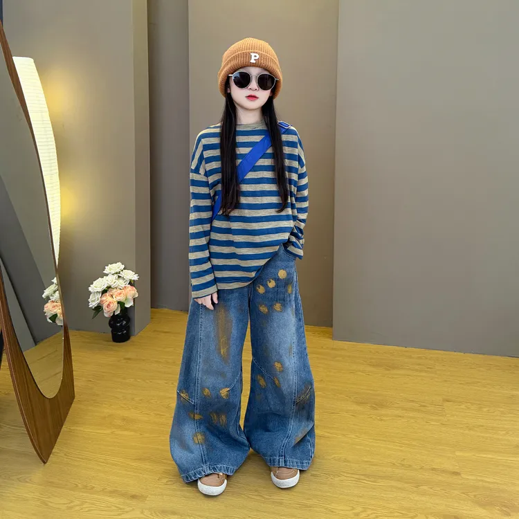 女童卫衣套装春秋款2025新款女条纹宽松上衣儿童超好看牛仔套装潮