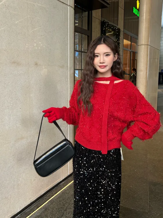 【玫卡】亮丝挂脖飘带设计新年本命年洋气针织女装毛衣上衣0006