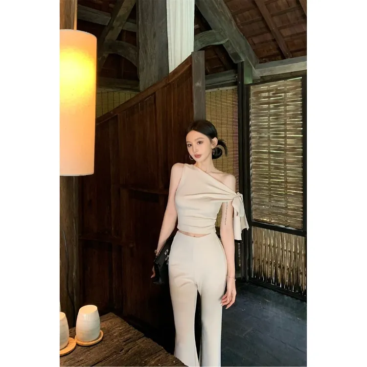 美式辣妹绑带斜肩无袖背心上衣女夏季时尚套装微喇叭休闲裤两件套