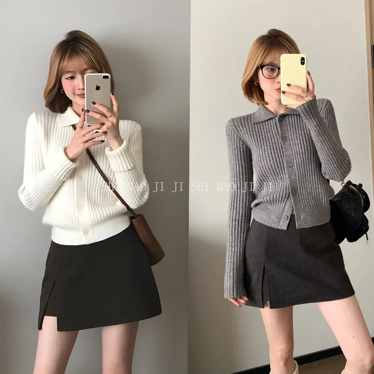 Moses Queen/魔西女王翻领女针织复古风POLO领秋冬短款洋气设计感