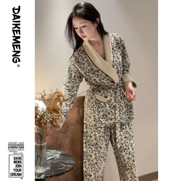 【半梦花屿】秋冬季海岛绒保暖睡袍长裤女显瘦可外穿高级感舒适套装