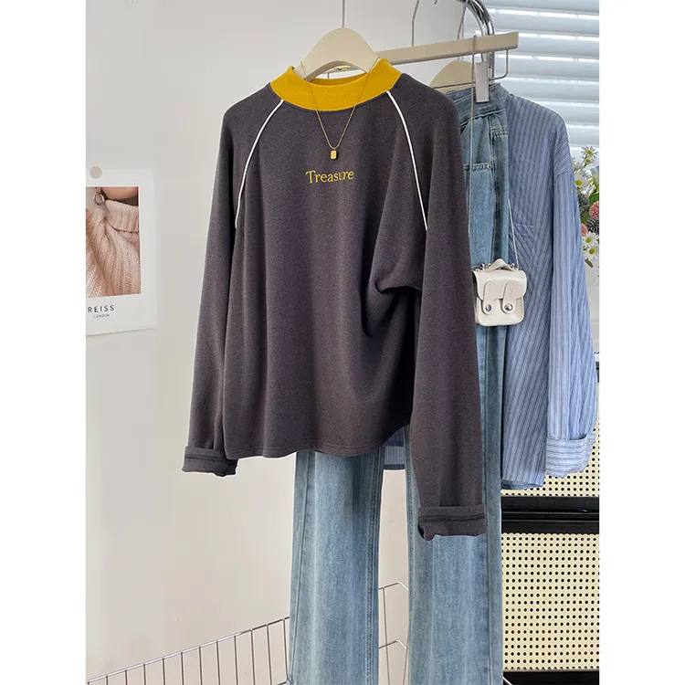 半高领秋冬内搭加绒厚款保暖打底衫字母刺绣正肩长袖T恤女上衣潮