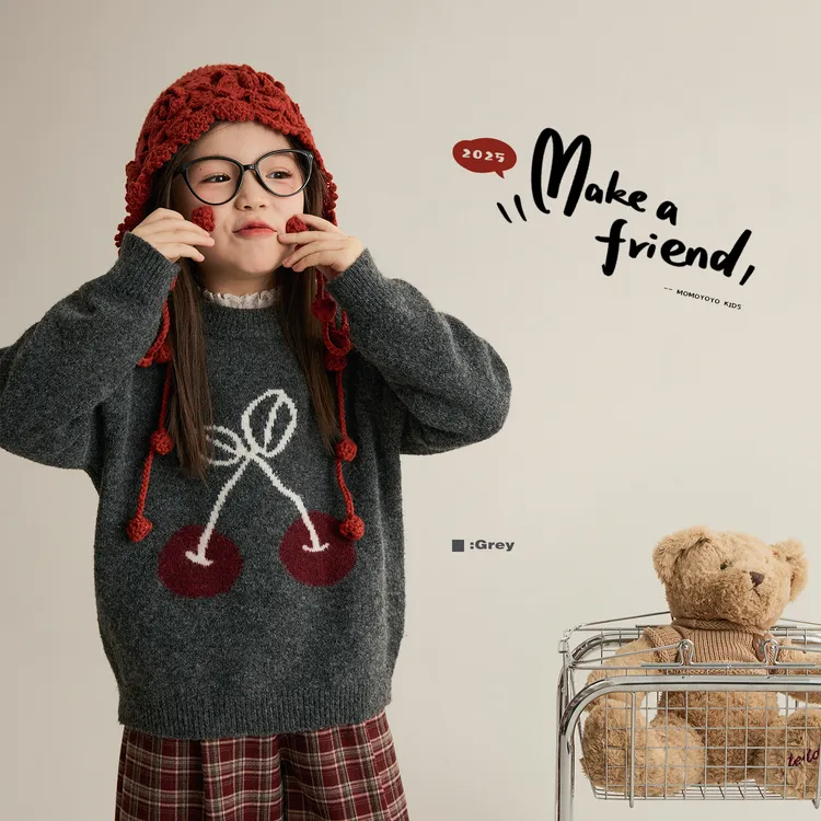 辰辰妈【小樱桃】女童圆领毛衣秋冬款亲子装保暖套头针织上衣8943D