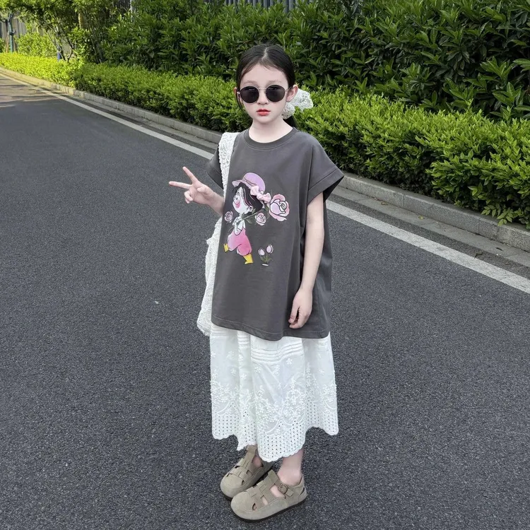 女童夏季套装2025新款时尚洋气夏装中大童短袖T恤半身裙两件套潮