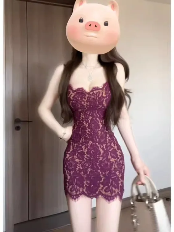 紫色蕾丝吊带连衣裙女夏季法式收腰气质纯欲无袖修身包臀裙短裙子