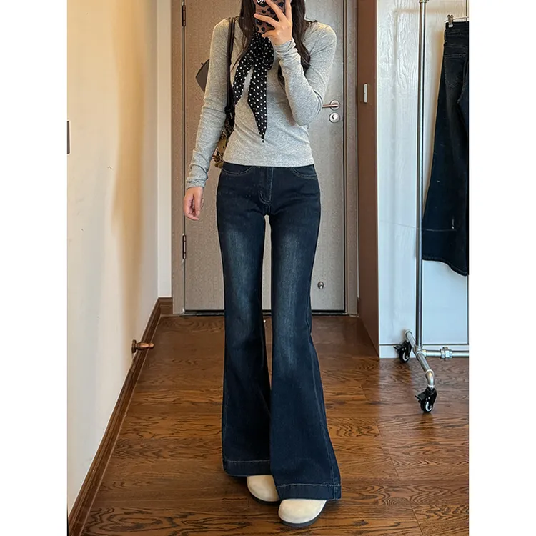复古蓝灰色微喇牛仔裤女2025秋冬新款高腰修身显瘦弹力直筒喇叭裤