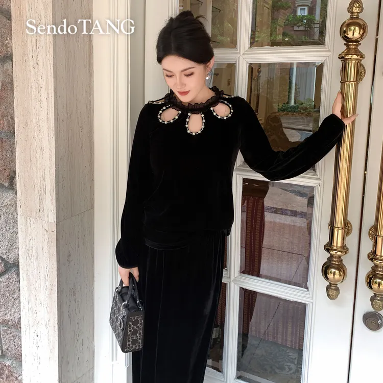 丝绒上衣半裙套装胖多新款时尚百搭遮肉显瘦【琉璃梦】大码女装