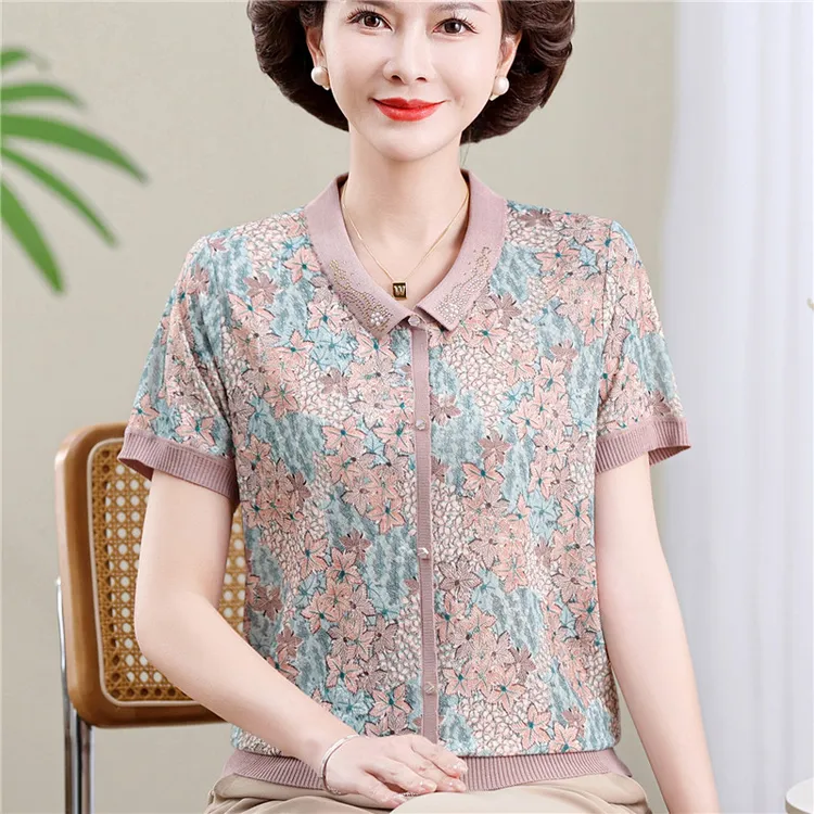 妈妈夏装小衫时尚冰丝短袖T恤中老年女士夏季新款宽松印花薄上衣