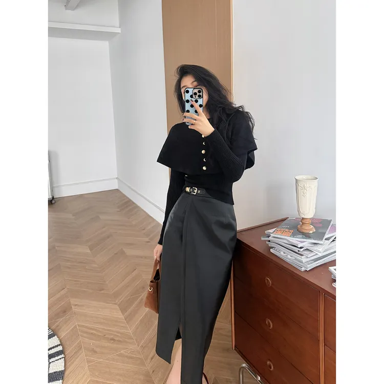 张阿星 【智感主义】一片式遮肚遮肉高腰皮半裙 W425G16789