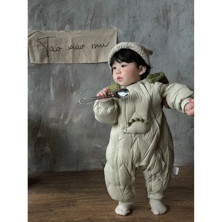 婴儿新生儿连体衣冬季连体宝宝绒服立体卡通恐龙双拉链羽绒服9545