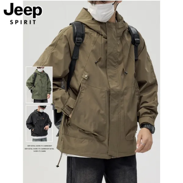JEEP吉普美式复古冲锋夹克外套秋冬户外休闲防水连帽宽松外套男士