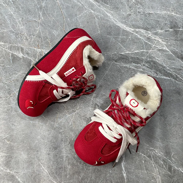 2025冬季爆款保暖加绒板鞋子女红色学生大头厚底休闲鞋德训二棉鞋