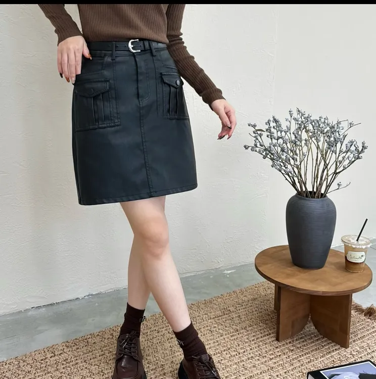 女士高腰A字包臀短皮裙秋冬新款时尚百搭显瘦