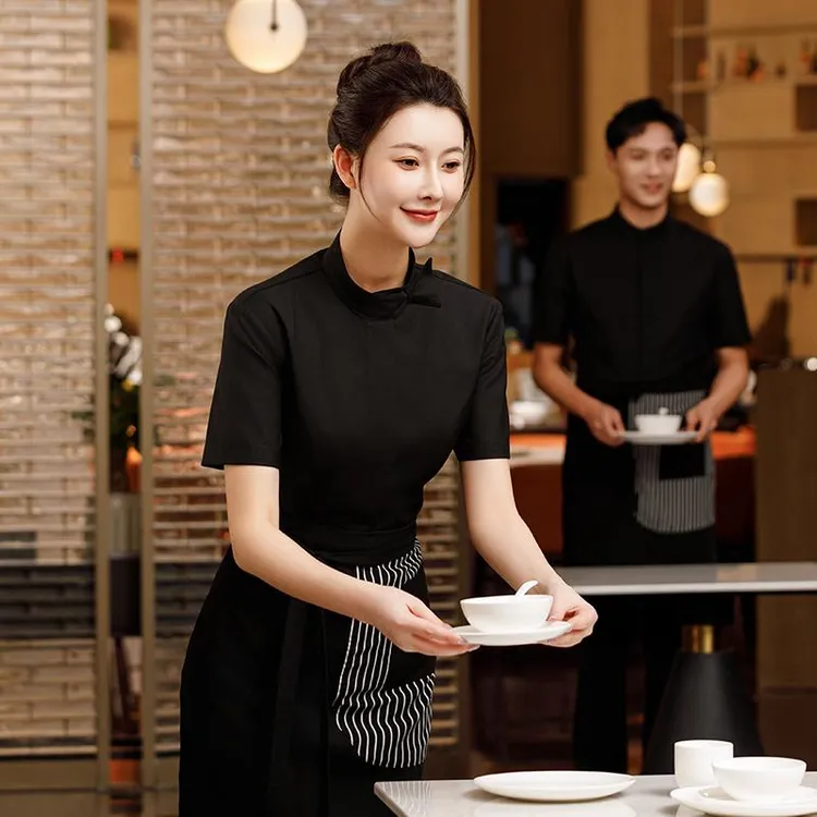 京橙高档西餐厅服务员工作服酒店餐饮咖啡厅火锅饭店工装黑色短袖