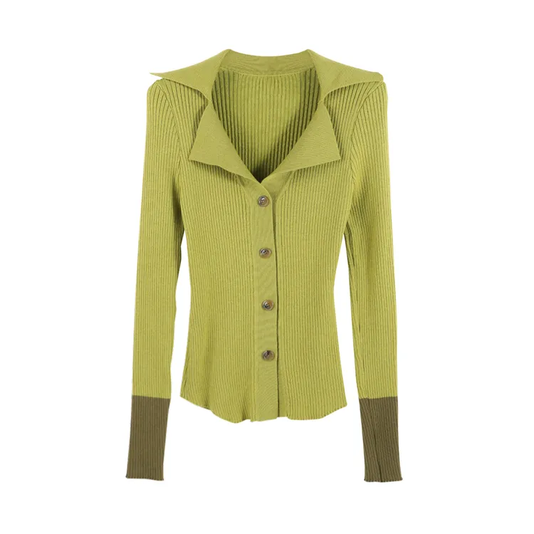 DENGDAHA「柔素集」翻领撞色袖口打底套头针织衫HBZXP720001