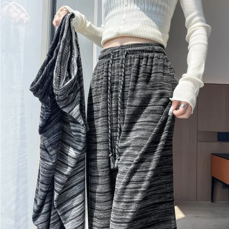 秋冬季新款胖m大码300斤条纹糯米裤女高腰显瘦阔腿宽松休闲直筒裤
