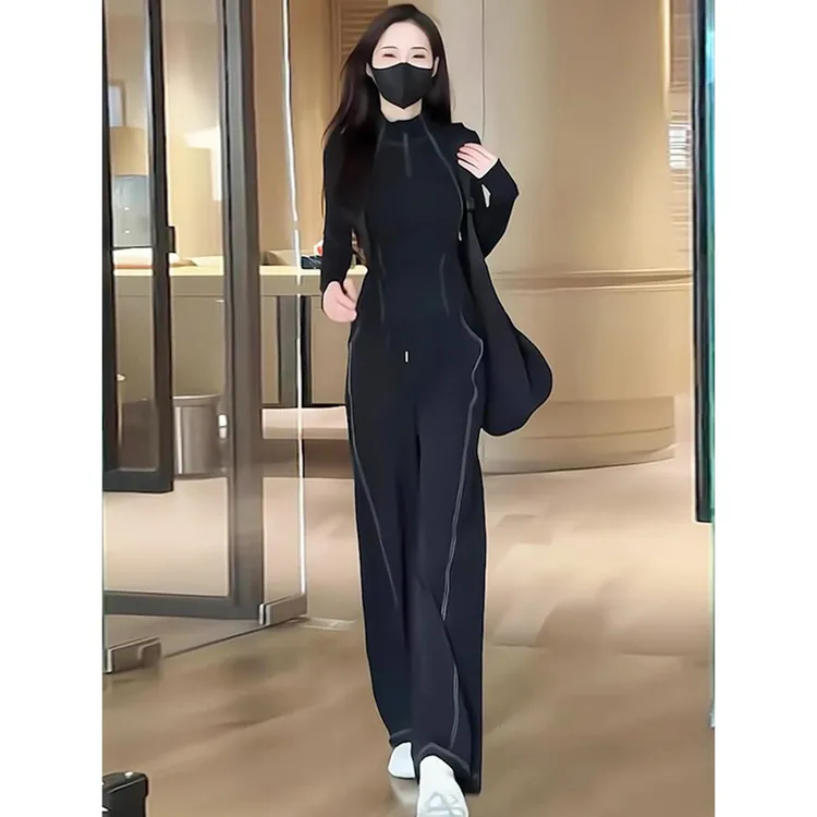 韩版时尚休闲运动套装女秋黑色修身显瘦弹力秋天炸街一整套女装