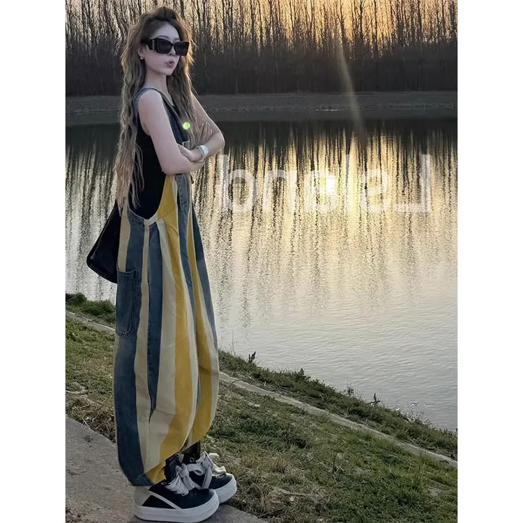 韩系百搭显瘦拼色背带裤女欧洲站2025夏季新款时尚减龄高腰长裤潮