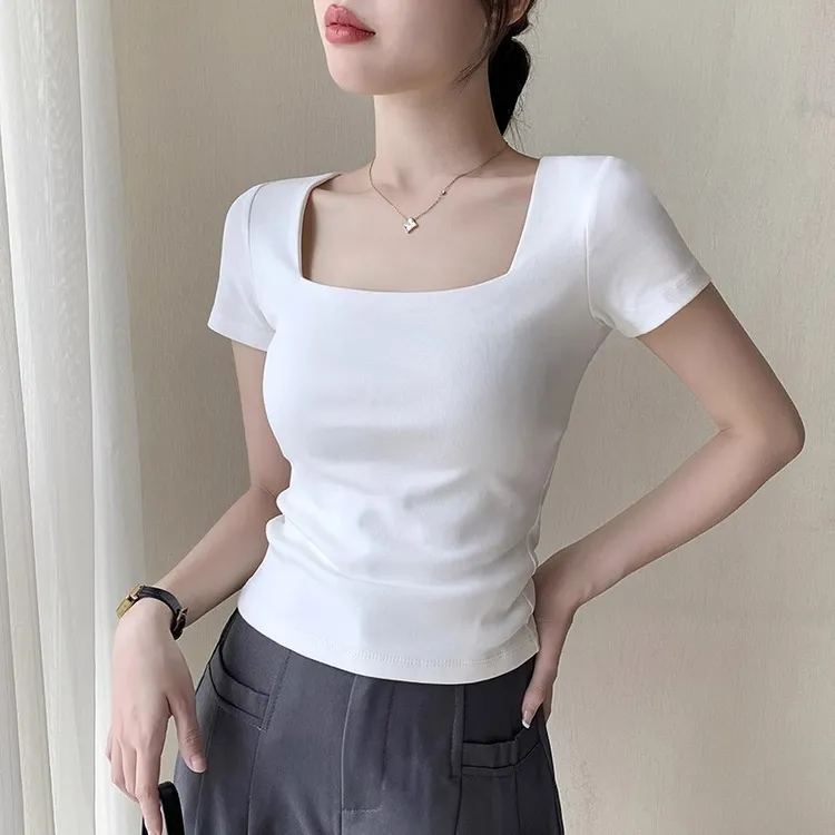 白色方领短袖t恤女夏季2025年新款露锁骨修身显瘦上衣洋气极简