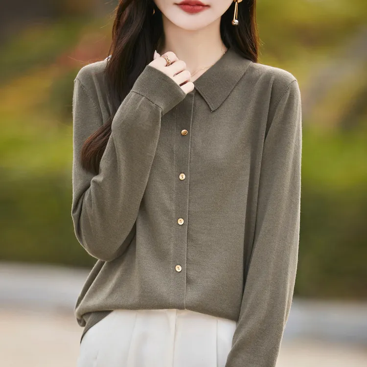 鄂尔多斯市精纺细羊毛针织开衫女薄款毛衣外套减龄衬衫POLO翻领女