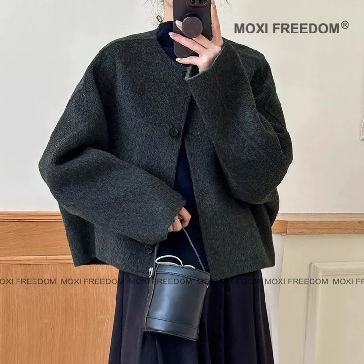 【卡瑞斯】25年新款韩版宽松小个子短款双面羊毛呢大衣外套女装