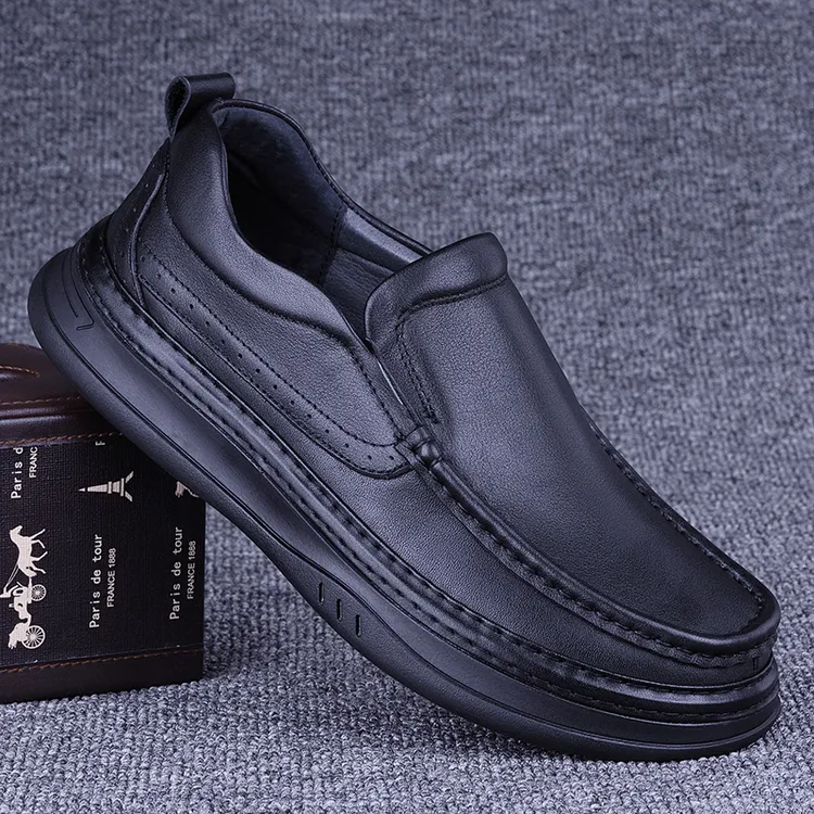 CATIA SELI真皮男士皮鞋头层牛皮休闲鞋实心厚底防滑车缝线套脚鞋