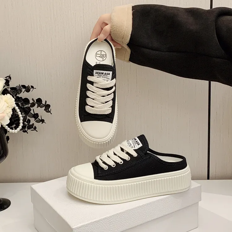 透气厚底包头半拖鞋加厚户外穿搭2025秋冬一脚蹬懒人鞋百搭帆布鞋