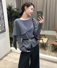 大牌法式披肩线条感百搭长袖显瘦高密软糯全羊毛针织衫女（含腰带）