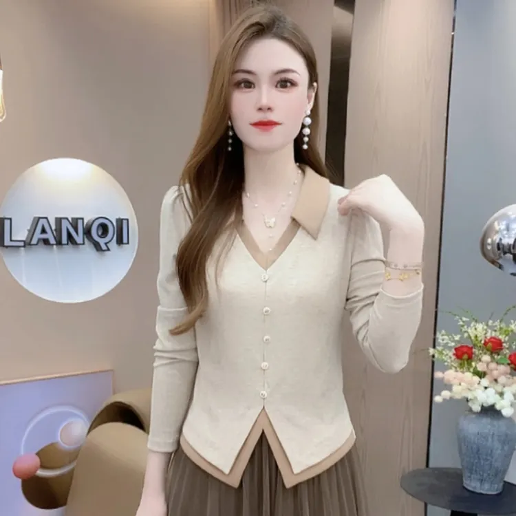 A8836秋季新款T恤女上衣撞色假两件长袖修身百搭设计感小众减龄