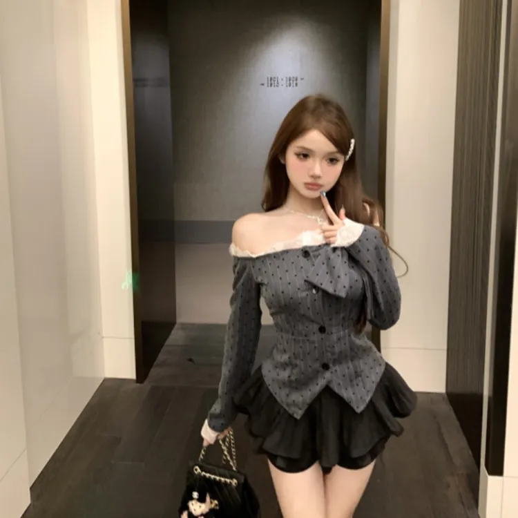 学院小香风蝴蝶结波点衬衫女春季一字肩上衣纯欲高级感蕾丝边衬衣