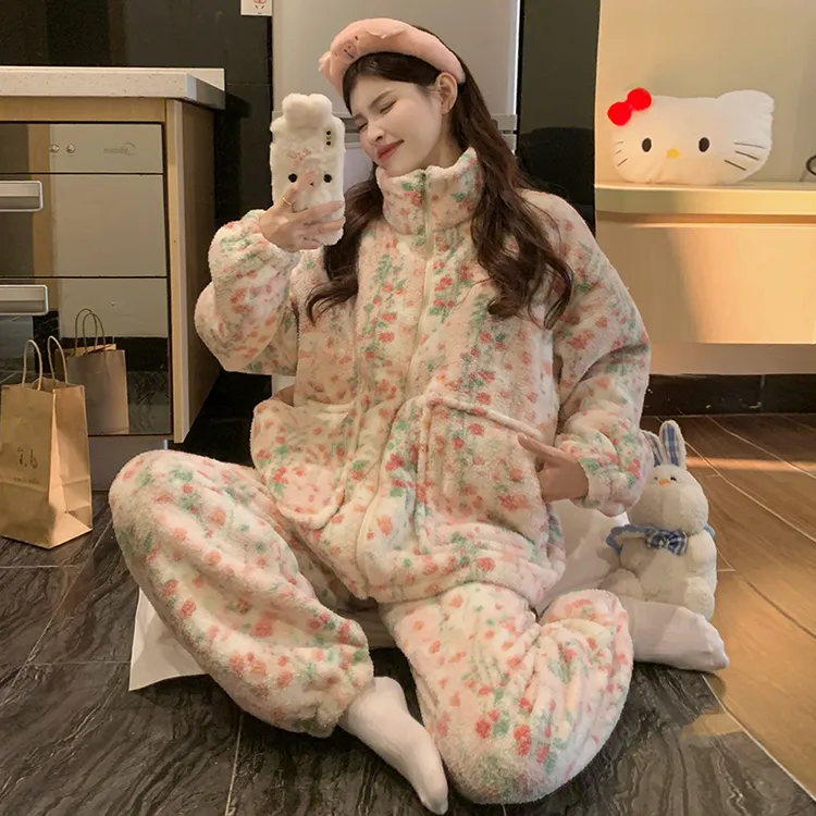 珊瑚绒睡衣大码保暖女加绒加厚拉链甜美秋冬季新款家居服网红套装