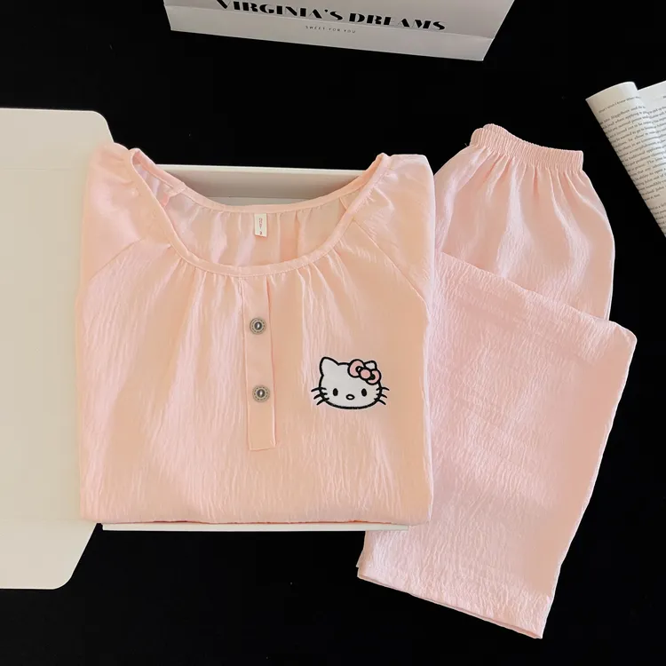 云朵棉舒适春秋季薄款睡衣女圆领长袖长裤两件套可外穿卡通家居服