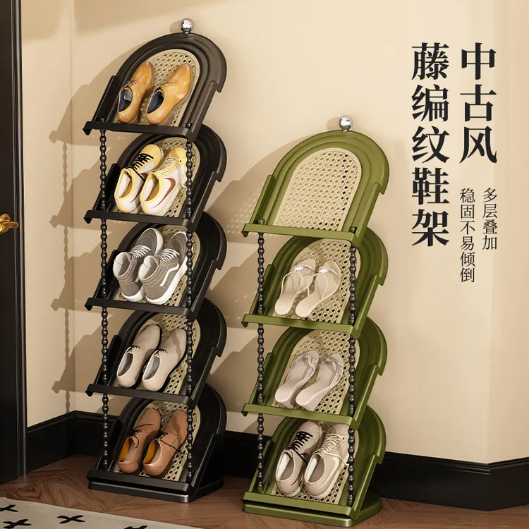 中古风藤编纹鞋架多层家用门口入户鞋柜出租房用卧室鞋子收纳架子