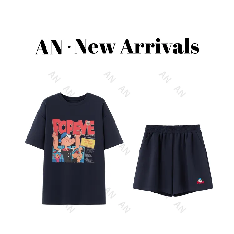 C05134新款个性宽松大力水手印花字母T恤+高腰短裤套装