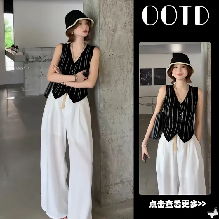 夏季流行穿搭一整套女2025新款韩版无袖针织开衫百搭休闲裤两件套
