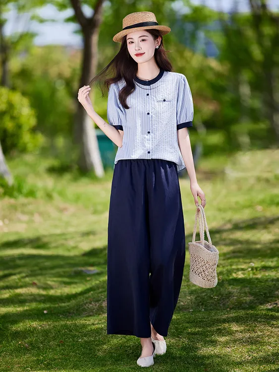 亚麻套装女夏季2025新款大方得体穿搭一整套短袖衬衫休闲裤两件套